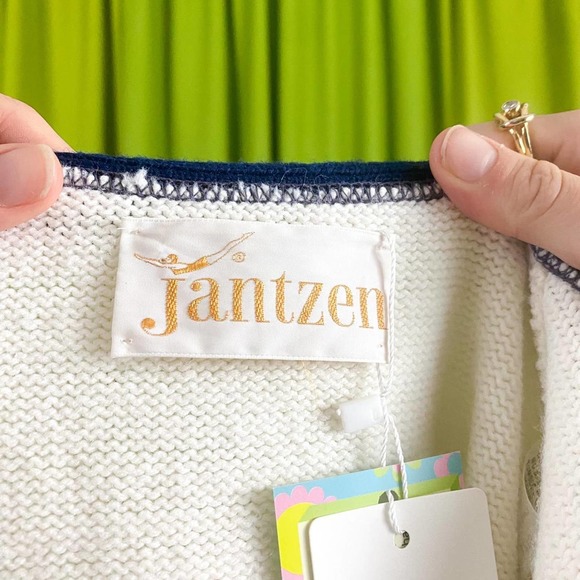 70s Vintage White and Navy Striped Wide Sleeve Open Knit Cardigan - Picture 5 of 5